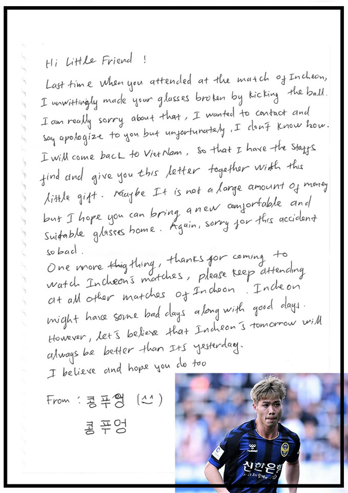 Công Phượng viết thư xin lỗi CĐV nhí Incheon United