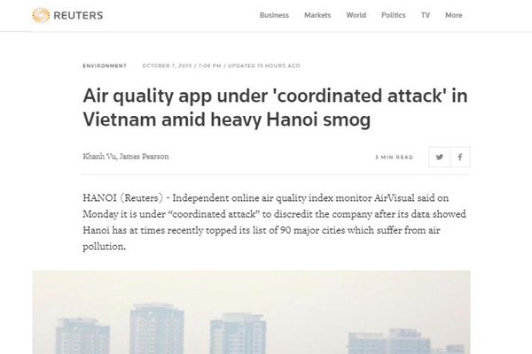 Báo Mỹ: Ứng dụng AirVisual bị công kích khi phản ánh ô nhiễm tại Việt Nam